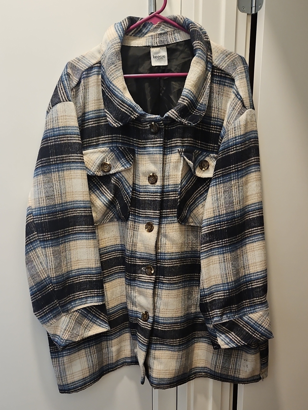 Kensie Cream & Navy Plaid Button-Up Shacket